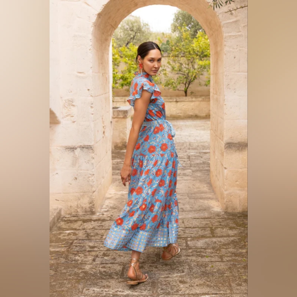 $328 Nwt OLIPHANT RUFFLE COLLAR BUTTON MAXI DRESS - POPPY RED xs - Picture 3 of 5